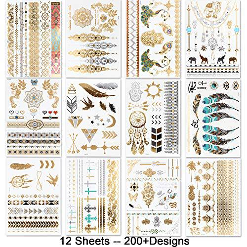 Metallic Temporary Tattoos - 12 Sheets Waterproof Gold Sliver Glitter Body Face Tattoo for Women Teen Girls, Over 200 Flash Fake Festival Jewelry Bling Body Art Tat Stickers