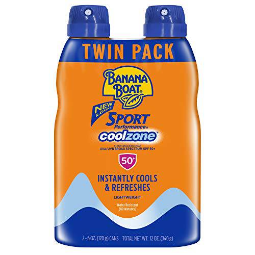 Banana Boat Sport Performance Cool Zone, Reef Friendly, Broad Spectrum Sunscreen Spray, SPF 50, Twin Pack, 6 Ounce (Pack of 2)