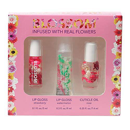 Blossom Scented Roll on Lip Gloss, Moisturizing Lip Gloss Tubes, Hydrating and Strengthening Scented Cuticle Oil, Infused with Real Flowers, 0.55 fl oz./19.4mL, 3 pack Gift Set, Strawberry, Watermelon, Rose