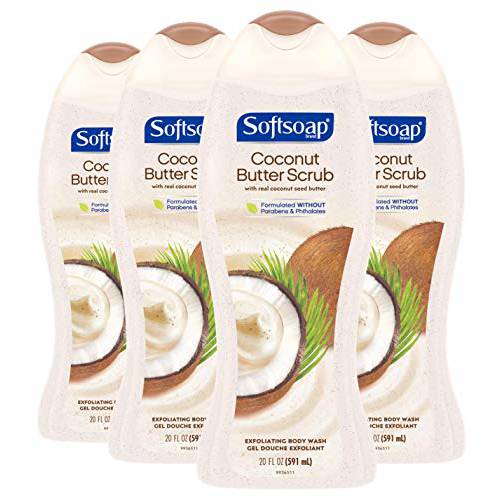 Softsoap Body Wash, Coconut Butter Scrub Body Wash, Exfoliating Body Wash, 20 Ounce, 4 Pack