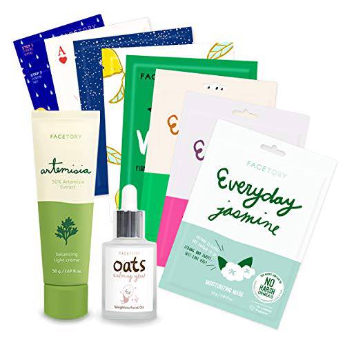 FACETORY Dry Skin Type Bundle - Soft, Form-Fitting Face Masks, Full-sized Skincare Products For Dry Skin Artemisia Creme, Oats Facial Oil, and 8 Sheet Masks