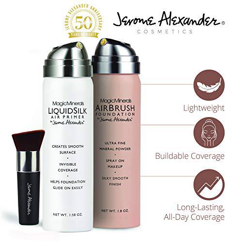 MagicMinerals AirBrush Foundation Set by Jerome Alexander (LIGHT MEDIUM) – 3pc Set Includes Primer, Foundation and Kabuki Brush - Spray Makeup with Anti-aging Ingredients for Smooth Radiant Skin