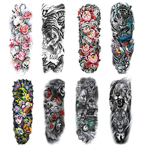 Large Temporary Tattoos Sleeves, Full Arm Sleeve Tattoo Stickers, Fake Wild Flower Beauty Body Art Arm Tattoo for Women Makeup, 8-Sheet
