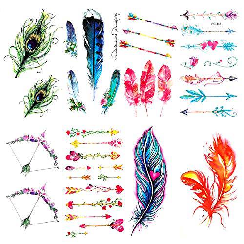 Oottati 8 Pieces Small Cute Wrist Women Peacock Green Blue Pink Red Feather Rainbow Arrow Temporary Tattoo
