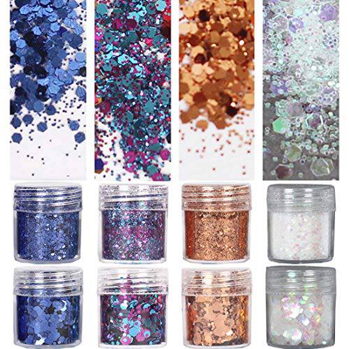 COKOHAPPY 8 Boxes Shimmer Chunky Glitter Makeup, Nail Art Holographic Flake Cosmetic Sequins Glitter, Ultra-thin Face Glitter Iridescent Sparkle Mixed for Body Hair