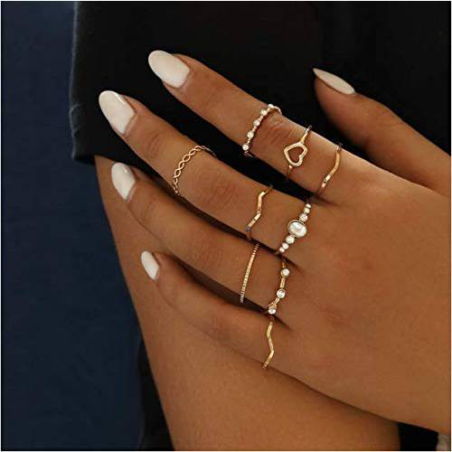 Sither 9 Pcs Women Rings Set Knuckle Rings Gold Bohemian Rings for Girls Vintage Gem Crystal Rings Joint Knot Ring Sets for Teens Party Daily Fesvital Jewelry Gift