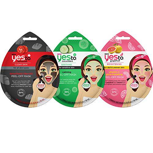 Yes To Variety Peel-Off Masks, Detoxifying Charcoal To Clear Skin, Calming Cucumbers For Sensitive Skin, Brightening Grapefruit To Brighten (3 Pack)
