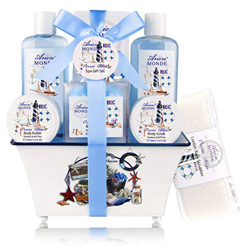 Spa Gift Basket for Women, Home Spa Gift Set with Ocean Bliss Scent, Gift Idea for Mother, Wife,Girlfriend, Women, Her Includes Shower Gel, Bubble Bath, Body Scrub, Body Butter, Bath Salt