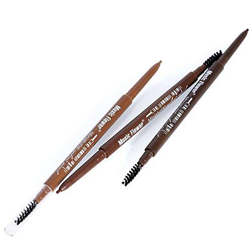 Music Flower Micro Eyebrow Pencil Precise Defining Brow Pen w/ Spoolie brush, Long Lasting Dual Ended Eyebrow Pen (2 Khaki)