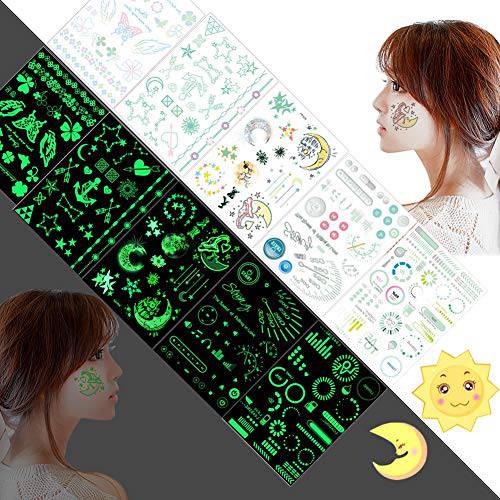 Fanoshon Glow in the Dark Butterfly Moon Star Temporary Tattoo for Teens Girls Women, 5 Sheets Fake Large Luminous Body Stickers for Face Arm Back Chest Leg Shoulder Waterproof, Birthday Party Favors