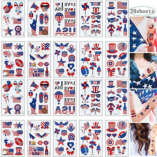 American Flag Tattoos 4th of July Independence Day Temporary Tattoo Stickers Patriotic Favors Body Art Decorations 20 Sheets