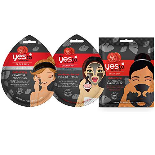 Yes To Tomatoes Clear Skin Detoxifying Charcoal Variety Masks (Mud + Peel + Paper) for Combination Skin To Remove Impurities & Detoxify Skin, 1 Count