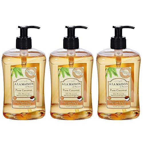A LA MAISON Pure Coconut Liquid Hand Soap - Triple French Milled Natural Moisturizing Soap (3 Pack, 16.9 oz Bottle)