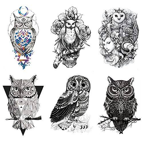 Oottati 6 Sheets 21x15cm Old School Black Sketch Owl Totem Arm Fake Temporary Tattoos Stickers