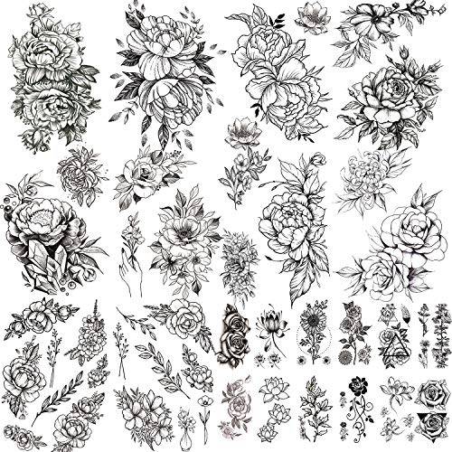 72 Sheets Temporary Tattoos for Women, Including 12 Sheets Large Sexy Flowers Fake Tattoos That Look Real and Last Long, Waterproof Rose Moon Butterfly Tiger Snake Tattoos and Temporary Flowers Tattoos for Women and Girls