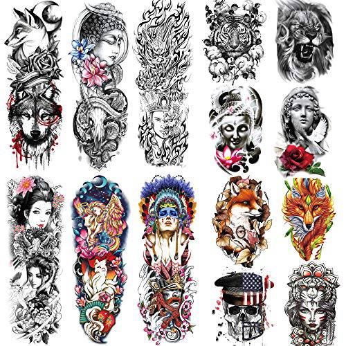 Kotbs 15 Sheets Flower Lion Tiger Temporary Tattoo Sleeve, Include 5 Sheets Full Arm Temporary Tattoos and 10 Sheets Half Arm Shoulder Tattoo Stickers, Extra Large Tattoo Sleeve for Men Women