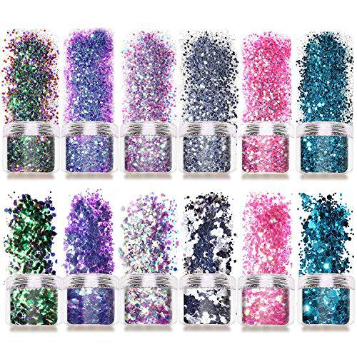 Laza 12 Colors Holographic Chunky Glitter Mixed Ultra Fine Glitter Powder Hexagon Sequins for Nail Art Face Body Eye Hair Festival Glitters Resin Epoxy Tumbler Arts - Gold Silver Pink