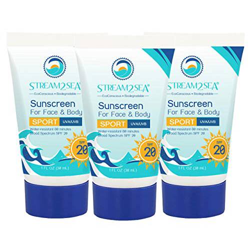 SPF 20 Mineral Sunscreen Biodegradable & Reef Safe | 1 Fl oz Travel Size, Non Greasy & Moisturizing Mineral Sunscreen For Face and Body Protection Against UVA & UVB | Pack of 3 by Stream2Sea