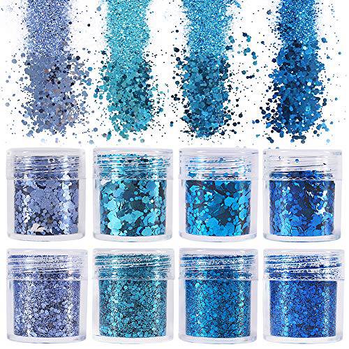 besharppin 8 Boxes Glitters Sequins, Chunky and Fine Glitter Mixed for Crafts Body Face Hair Makeup Nail Art (Blue)