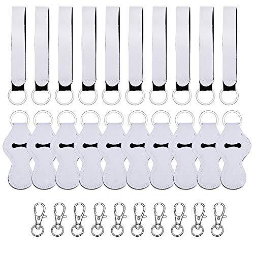 20 Pack Sublimation Blanks Chapstick Holder Keychains, Neoprene Lipstick Holder Keychainr with Lanyards Wristlet and 10 Metal Clip Cords