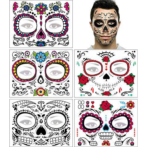 Day of the Dead Face Tattoo Halloween Makeup Tattoos Decor Stickers Sugar Skull Temporary Tattoo for Halloween Masquerade Party with Floral, Glitter Roses, Web and Floral Skeleton Design 5 PACK
