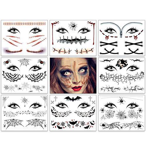9 Pack Halloween Tattoos Crawling Spider Bat Tattoos Fake Scars Spider Net Spider Web Tattoos Halloween Face Temporary Tattoos Stickers for Women Men Halloween Costume Party Make-Up Favor Props