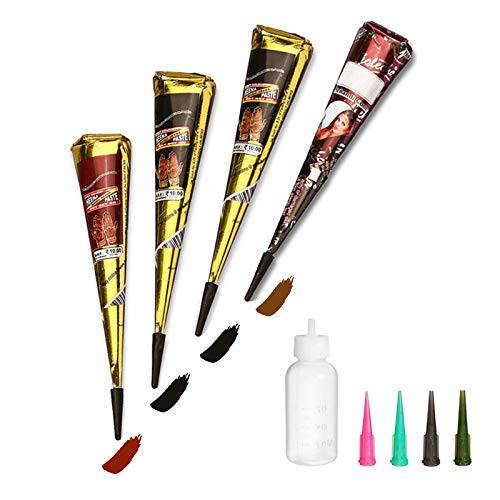 Temporary Tattoo Set, 4Pcs Cones with Three Colors(2 Black, 1Brown, 1 Red), 20Pcs Adhesive Stencilfor Art Drawing,Designing,Painting on Tattoo Body