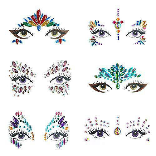Face Gems 6 Sets Women Face Jewels Gems Crystals Face Jewels Stick on Face Body Temporary Fit for Festival Carnival Party Makeup
