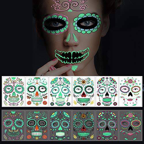 Halloween Temporary Face Tattoos, 6 sheets Glow in the Dark Tattoos Sugar Skull Stickers Day of The Dead Makeup, for Masquerade and Parties