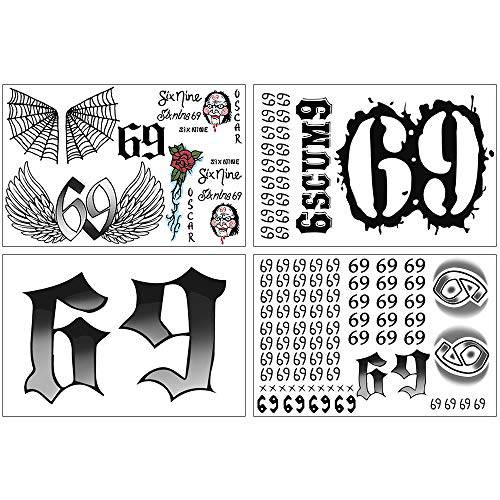 6ix9ine Temporary Tattoos Set, 69 Tattoo Stickers Included Face, Arm, Hand, Body For Halloween Costume Party Men Women