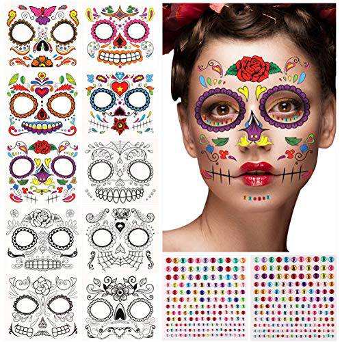 Halloween Tattoo Face Temporary Tattoos Waterproof Skull Face Tattoos for Halloween Makeup Masquerade Party Halloween Party Favor Supplies with Face Body Jewel Stickers (1 Set)