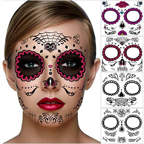 Day of The Dead Sugar Skull Face Stickers 4pcs Halloween Temporary Full Face Decoration for Halloween Party Costume