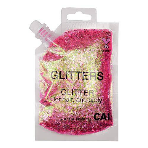 CAI BEAUTY NYC Pink Glitter | Easy to Apply, Easy to Remove Chunky Glitter for Body, Face and Hair | Bag Pouch | Holographic Cosmetic Grade Glamour