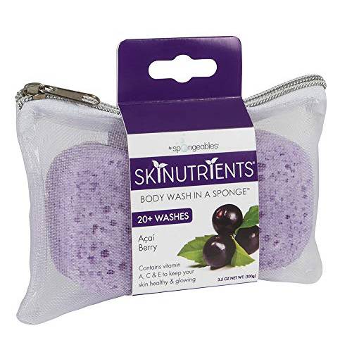 Spongeables Skinutrients Moisturizing Body Wash in a Sponge, açai Berry, With Bonus Travel Bag, Paraben and Cruelty-Free, Purple, 20+ Washes, Pack of 3