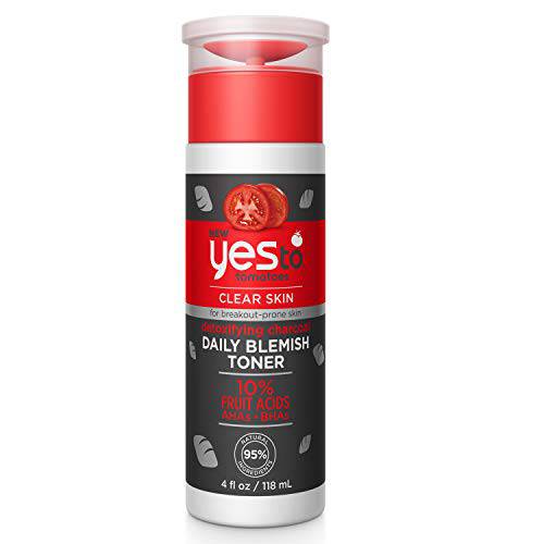 Yes To Tomatoes Daily Blemish Toner, Deep Cleaning Formula To Purify Pores & Fight Blemishes, With Witch Hazel, Tea Tree, Salicylic Acid, Charcoal, AHAs & BHAs, Natural, Vegan & Cruelty Free, 4 Fl Oz