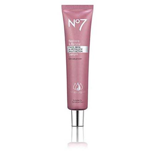 No7 Restore & Renew Face & Neck Multi Action Serum - Collagen Peptide Anti Aging Facial Serum - Hyaluronic Acid Hydrating Serum + Pro Retinol Skin & Neck Firming Hibiscus Peptides (75 ml)