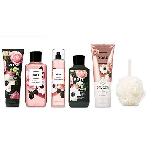 Bath and Body Works ROSE - PREMIUM SPA Gift Set - Body Lotion - Moisturizing Body Wash - Body Cream - Fragrance Mist and Shower Gel - Kit with cello gift wrap, ribbon, tag and Shower Sponge