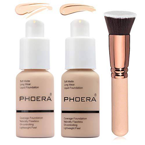 Matte Full Coverage Foundation 24hr Lasting Liquid Foundation Makeup (102Nude & 101Porcelain) with Foundation Brush, Waterproof Oil Control Facial Blemish Full Coverage Concealer Face Cosmetic Makeup for Women