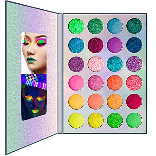 POZILAN 24 Colors Glow in the Dark Glitter Eyeshadow Palette, Fluorescent Neon Eye Shadow, Pigmented Bright Colorful Matte Shimmer Blue Red Orange Purple Green Halloween Makeup Palettes Cosmetics