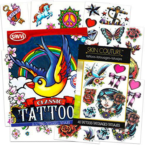 American Traditional Temporary Tattoos for Women Men Adults Halloween Costume Accessories ~ 90 Bold Classic Tattoos with Vintage Designs