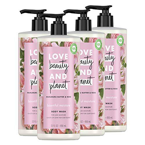 Love Beauty And Planet Bountiful Moisture Body Wash to Clean and Hydrate Skin Murumuru Butter and Rose Silicone Free, Paraben Free and Vegan, 22 Fl Oz (Pack of 4)