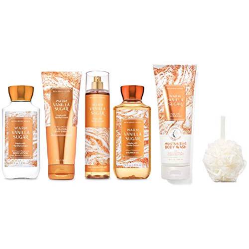 Bath and Body Works WARM VANILLA SUGAR - SPA Gift Set - Body Lotion - Moisturizing Body Wash - Body Cream - Fragrance Mist and Shower Gel - Kit with cello gift wrap, ribbon, tag and Shower Sponge