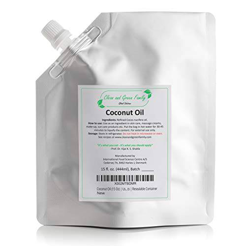 Clean and Green Refined Pure Coconut Oil - 100% Natural, Unscented, Base Oil for Handmade & Homemade Skin Care, Coconut Oil for Body, Lotion, Coconut Hair Oil in Premium Resealable Pouch, 15 oz