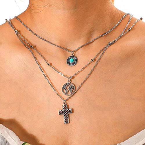Hannah Boho Turquoise Layered Necklaces Silver Short Map Pendant Necklaces Chain Jewelry for Women and Girls