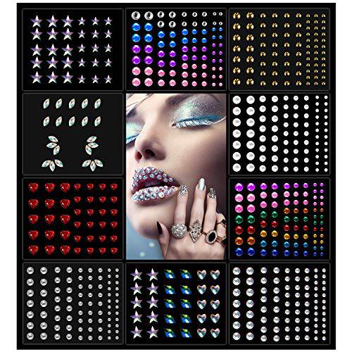 Halloween 10 Sheets Eye Body Face Gems Rhinestone Stickers Self Adhesive Rhinestones Rainbow Face Gems for Women Festival Accessory and Nail Art Decorations Bling