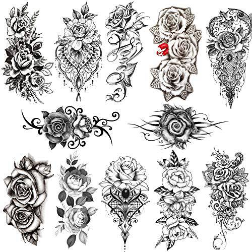 Kotbs 12 Sheets 3D Black Flower Rose Petal Temporary Tattoos for Women, Waterproof Tattoo Stickers for Girls Body Art Adults Beauty Fake Tattoos