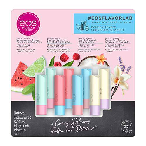 eos FlavorLab Super Soft Shea Lip Balm Sticks, 8-Pack, 2 Watermelon Frosé, 2 Lychee Martini, 2 Beach Coconut, 2 Lavender Latte
