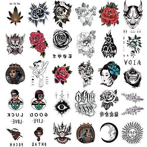 30 Sheets Temporary Tattoos for Men Women Hand Arm Wrist Flower Tattoo Fashion Punk Waterproof Tattoo Stickers