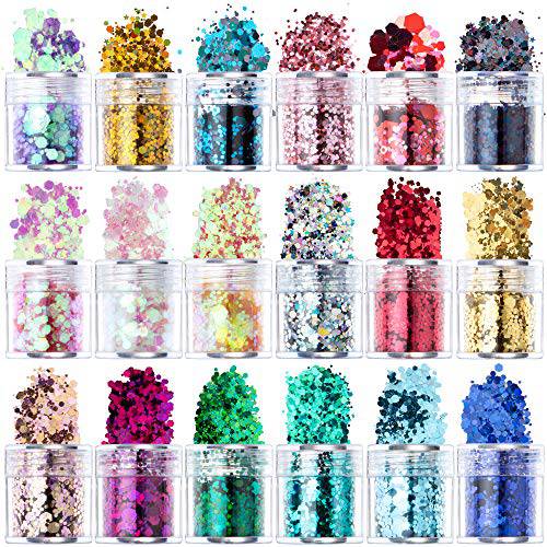 Aphlos Nail Art 18 Assorted Colors Holographic Glitters Different Size of Star And Hexagons Shaped for Resin Festival Chunky Cosmetic