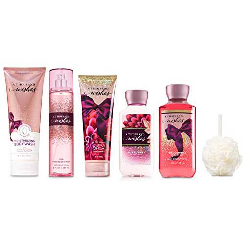 Bath and Body Works A THOUSAND WISHES - PREMIUM SPA Gift Set - Body Lotion - Moisturizing Body Wash - Body Cream - Fragrance Mist and Shower Gel - Kit with cello gift wrap, ribbon, tag & Shower Sponge